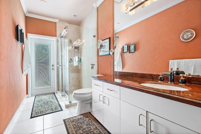 1345 SW 21st Ave, Boca Raton, FL 33486 - bathroom featuring toilet, a shower stall, tile patterned floors, vanity, and crown molding