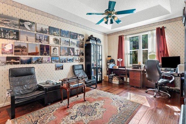 1345 SW 21st Ave, Boca Raton, FL 33486 - home office with wallpapered walls, wood-type flooring, a ceiling fan, a textured ceiling, and ornamental molding