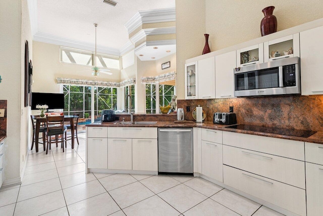 1345 SW 21st Ave, Boca Raton, FL 33486 - kitchen featuring appliances with stainless steel finishes, crown molding, a sink, tasteful backsplash, and ceiling fan