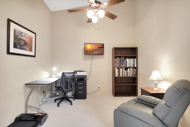 9308 Swansea Ln, West Palm Beach, FL 33411 - office area featuring a ceiling fan and high vaulted ceiling