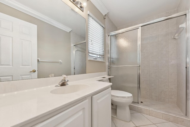 7969 Heavener Ct, Lake Worth, FL 33467 - bathroom featuring vanity, toilet, tile patterned flooring, a stall shower, and ornamental molding