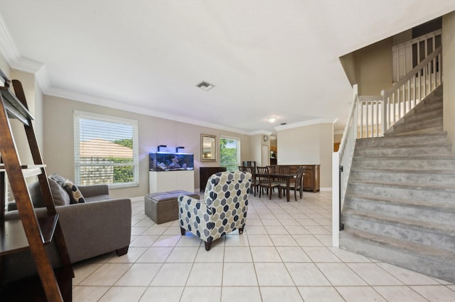 7969 Heavener Ct, Lake Worth, FL 33467 - living room featuring light tile patterned floors, ornamental molding, and stairway