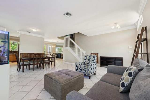 7969 Heavener Ct, Lake Worth, FL 33467 - living area featuring light tile patterned floors, stairway, and ornamental molding