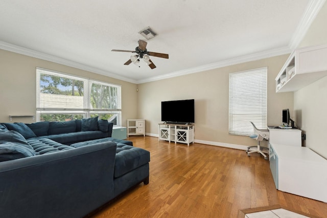 7969 Heavener Ct, Lake Worth, FL 33467 - living room featuring crown molding, a ceiling fan, wood finished floors, baseboards, and an office area