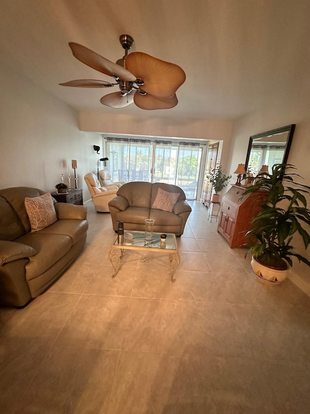 1120 Mahogany Way Unit 204, Delray Beach, FL 33445 - living area with light tile patterned floors and a ceiling fan