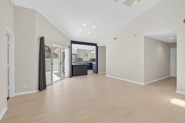 9329 Boca Gardens Cir S Unit D, Boca Raton, FL 33496 - unfurnished room featuring high vaulted ceiling, ceiling fan, light wood-style flooring, and recessed lighting