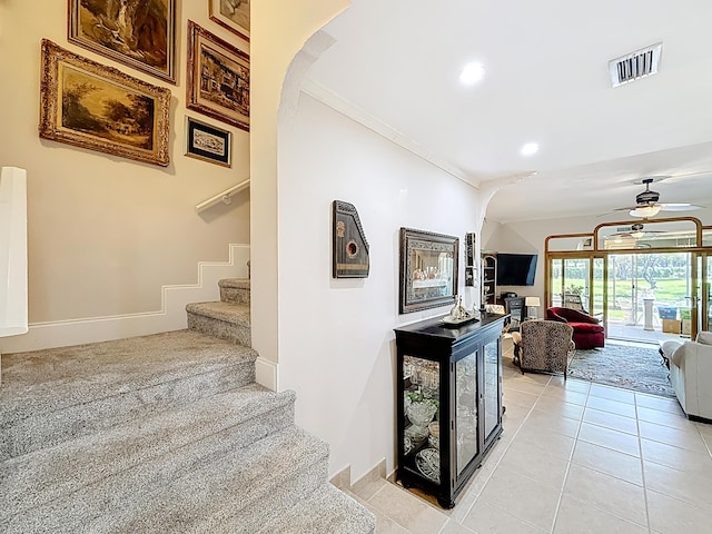 3622 Citrus Trce Unit 2, Davie, FL 33328 - staircase with a ceiling fan, ornamental molding, tile patterned floors, recessed lighting, and baseboards
