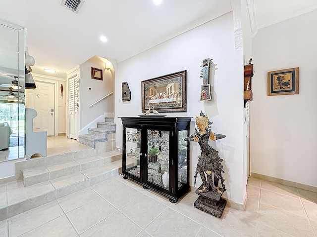 3622 Citrus Trce Unit 2, Davie, FL 33328 - hall with light tile patterned flooring, crown molding, stairs, baseboards, and recessed lighting