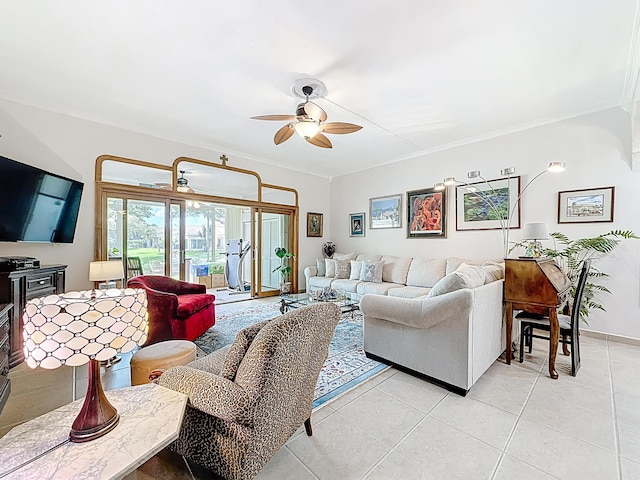 3622 Citrus Trce Unit 2, Davie, FL 33328 - living room featuring a ceiling fan, crown molding, and light tile patterned floors