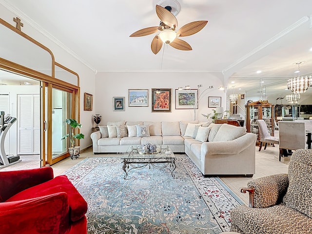 3622 Citrus Trce Unit 2, Davie, FL 33328 - living room featuring ornamental molding, ceiling fan, light tile patterned flooring, and a chandelier