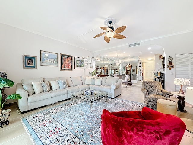 3622 Citrus Trce Unit 2, Davie, FL 33328 - tiled living room with a ceiling fan, ornamental molding, a chandelier, and arched walkways