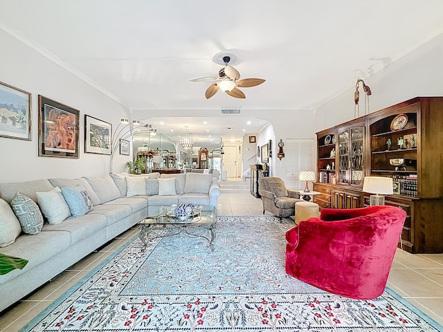 3622 Citrus Trce Unit 2, Davie, FL 33328 - tiled living room featuring ceiling fan, crown molding, and a chandelier