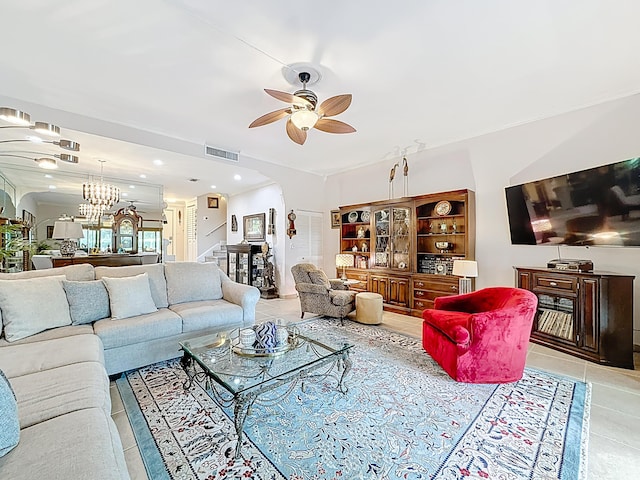 3622 Citrus Trce Unit 2, Davie, FL 33328 - living room with arched walkways, light tile patterned flooring, a ceiling fan, a chandelier, and recessed lighting
