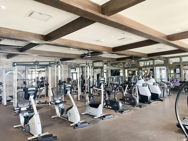 1130 Tangled Orchard Trce, The Acreage, FL 33470 - gym featuring a ceiling fan, beamed ceiling, and coffered ceiling