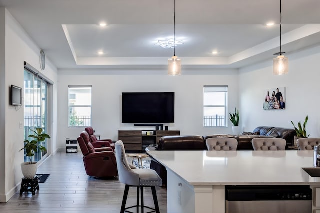 1130 Tangled Orchard Trce, The Acreage, FL 33470 - kitchen with stainless steel dishwasher, open floor plan, a tray ceiling, light countertops, and decorative light fixtures