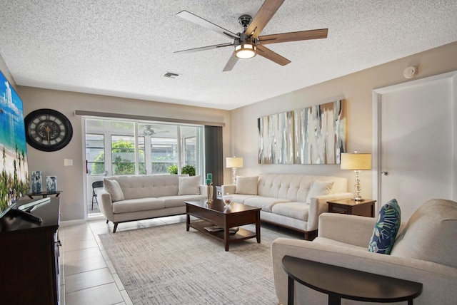 1233 S Lakes End Dr Unit A, Fort Pierce, FL 34982 - living area featuring ceiling fan, a textured ceiling, and light tile patterned flooring