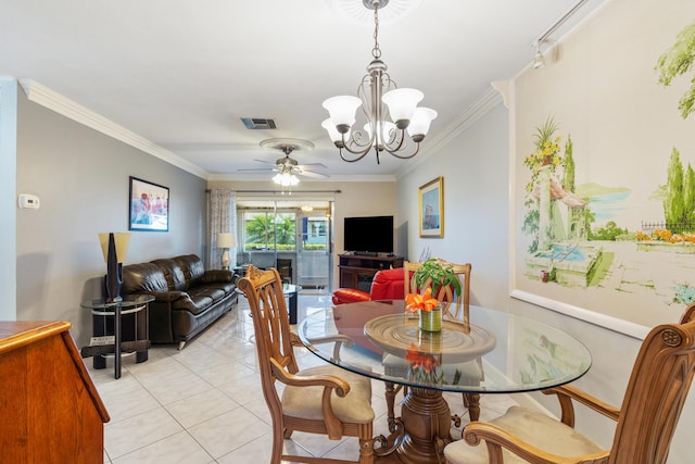 2822 Crosley Dr W Unit D, West Palm Beach, FL 33415 - dining area featuring ornamental molding, a chandelier, a ceiling fan, and light tile patterned floors