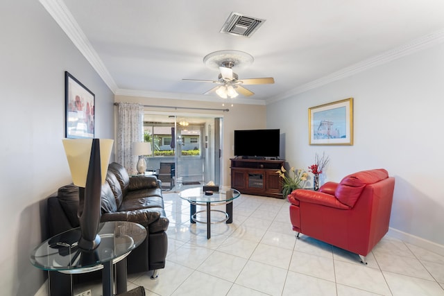 2822 Crosley Dr W Unit D, West Palm Beach, FL 33415 - living room with ornamental molding, ceiling fan, and light tile patterned floors