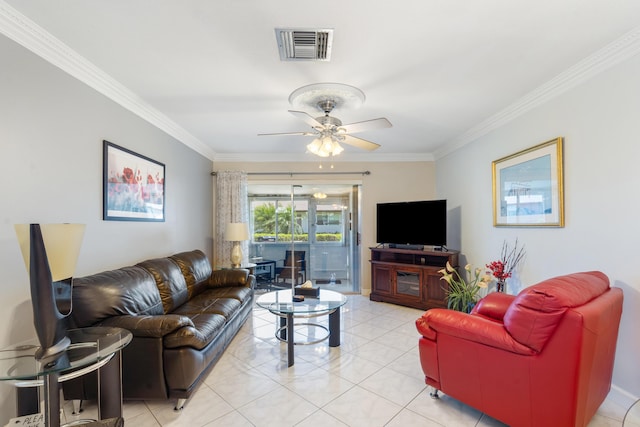 2822 Crosley Dr W Unit D, West Palm Beach, FL 33415 - living room with crown molding, ceiling fan, and light tile patterned flooring