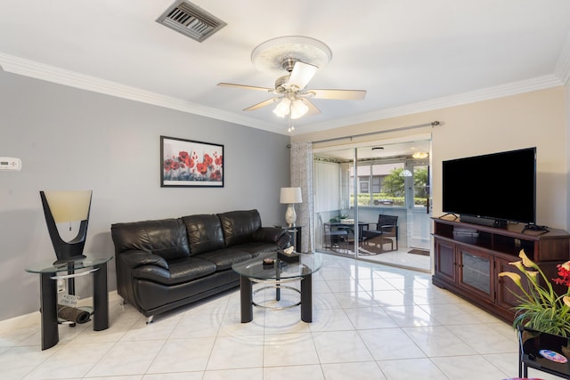 2822 Crosley Dr W Unit D, West Palm Beach, FL 33415 - living area featuring ornamental molding, ceiling fan, and light tile patterned floors