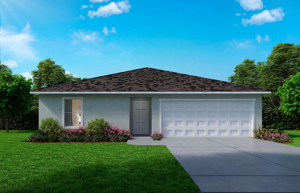 608 NW 11th St, Okeechobee, FL 34972 - ranch-style house with stucco siding, concrete driveway, a front yard, a shingled roof, and an attached garage