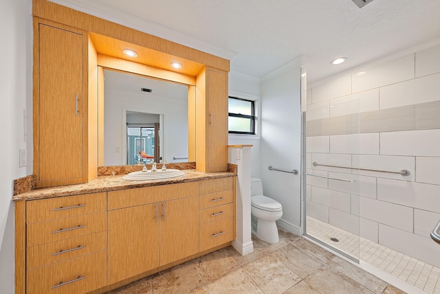 2590 Monaco Ter, Palm Beach Gardens, FL 33410 - full bath with ornamental molding, vanity, toilet, and a shower stall