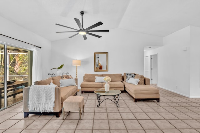 498 Oregon Ln, Boca Raton, FL 33487 - living area featuring vaulted ceiling, ceiling fan, light tile patterned floors, and baseboards