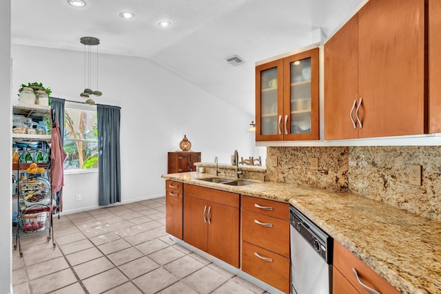 498 Oregon Ln, Boca Raton, FL 33487 - kitchen featuring dishwasher, a sink, lofted ceiling, decorative backsplash, and recessed lighting