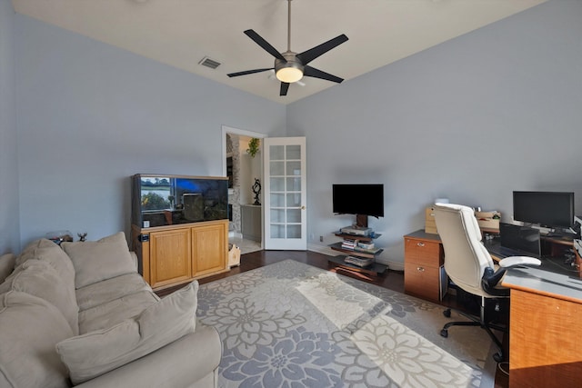 1936 SW Wood Duck Ln, Palm City, FL 34990 - office area featuring a ceiling fan, wood finished floors, and high vaulted ceiling