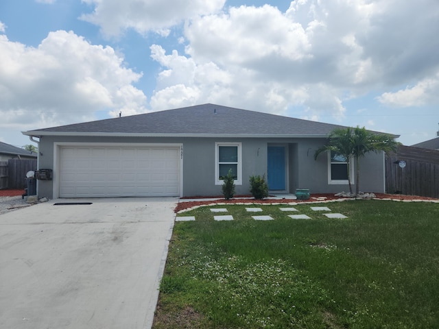 1721 SE Biddle Ln, Port Saint Lucie, FL 34983 - ranch-style home with stucco siding, concrete driveway, a garage, and roof with shingles