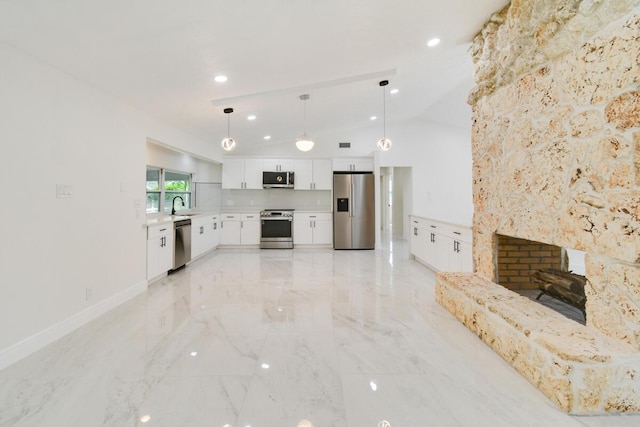 4873 SE Pilot Way, Stuart, FL 34997 - unfurnished living room with lofted ceiling, a sink, light marble finish flooring, baseboards, and recessed lighting