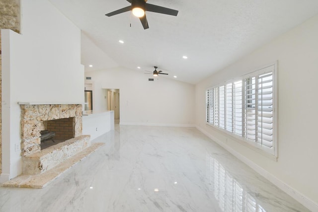 4873 SE Pilot Way, Stuart, FL 34997 - unfurnished living room featuring a ceiling fan, light marble finish flooring, lofted ceiling, recessed lighting, and baseboards