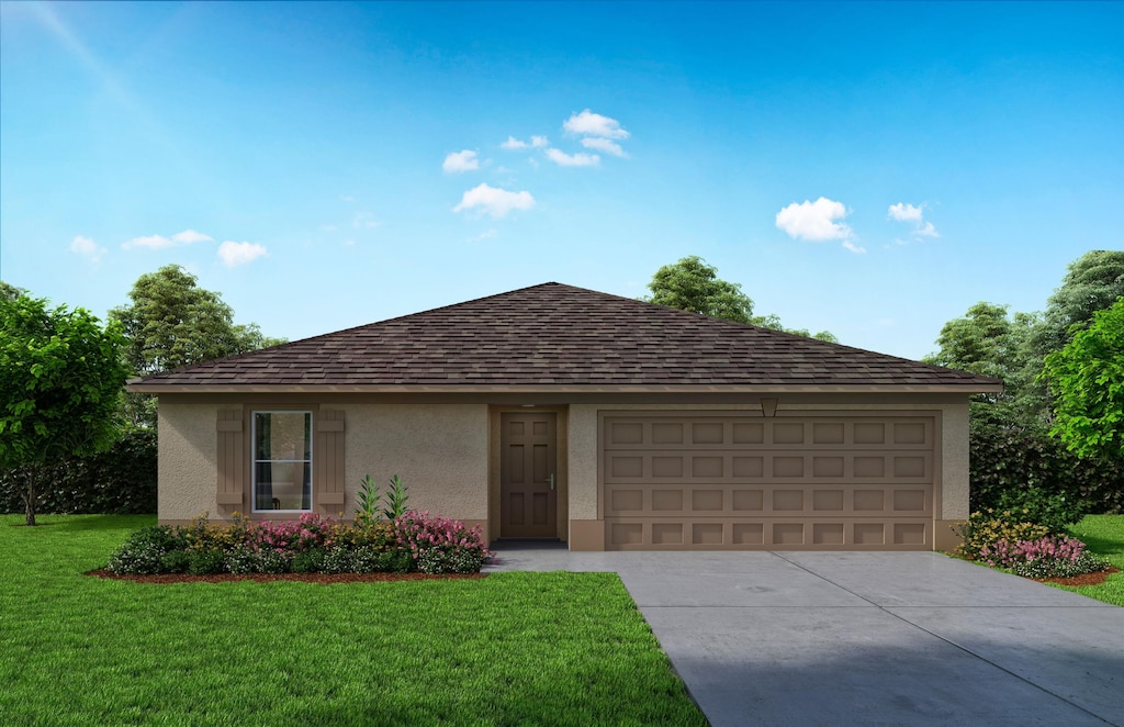1208 NW 7th Ave, Okeechobee, FL 34972 - view of front facade with stucco siding, concrete driveway, a garage, a front yard, and roof with shingles