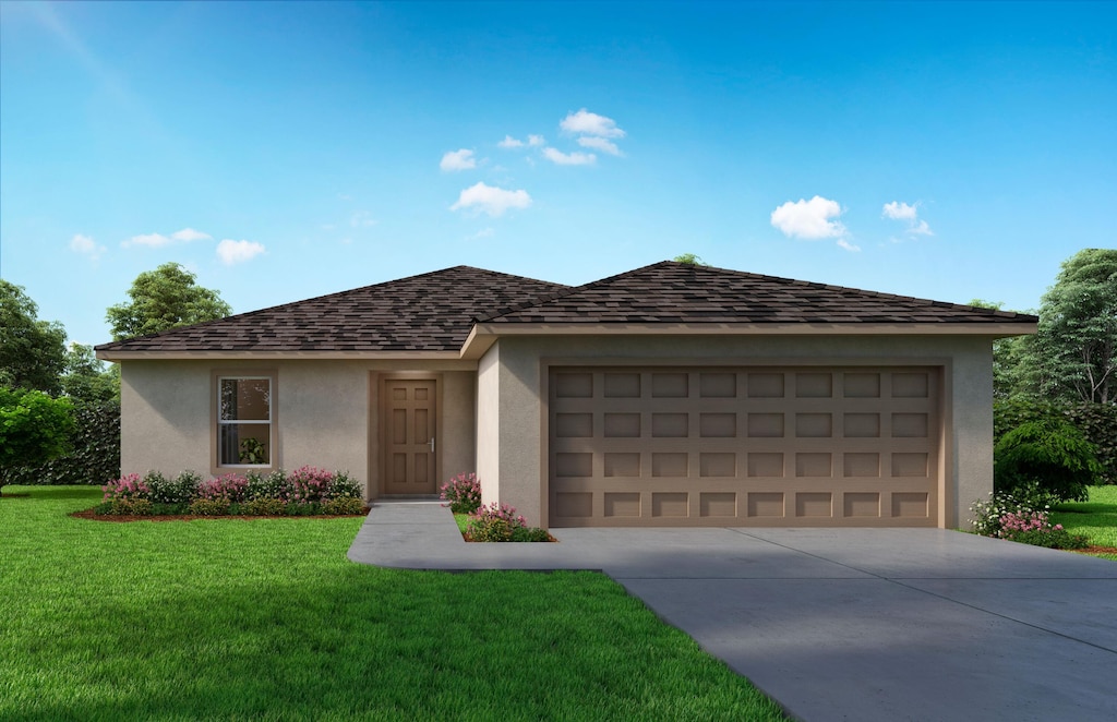 1104 NW 7th Ave, Okeechobee, FL 34972 - single story home with stucco siding, concrete driveway, a garage, and a front lawn