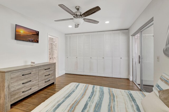 187 Seville H, Delray Beach, FL 33446 - bedroom featuring recessed lighting, wood finished floors, a ceiling fan, and ensuite bathroom