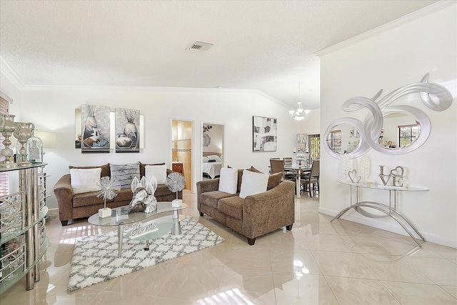 2326 NW 96th Way, Coral Springs, FL 33065 - living room with ornamental molding, vaulted ceiling, a chandelier, a textured ceiling, and baseboards