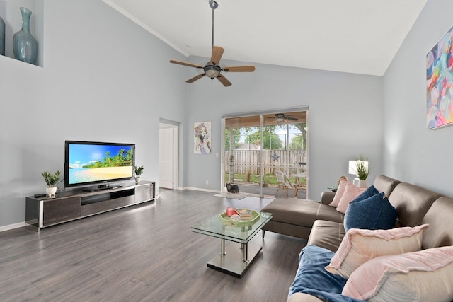 3288 SW Majestic Ct, Palm City, FL 34990 - living room featuring high vaulted ceiling, a ceiling fan, baseboards, and wood finished floors