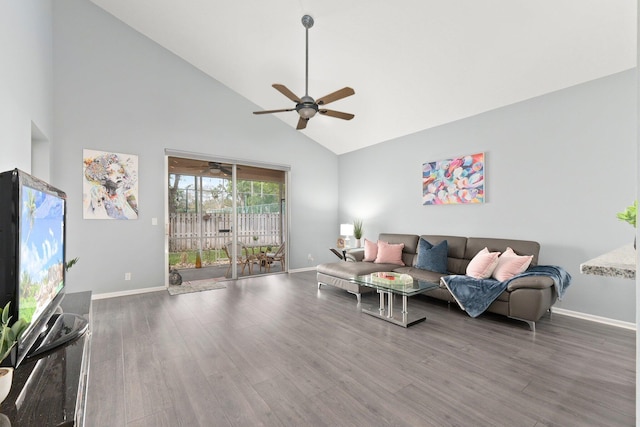 3288 SW Majestic Ct, Palm City, FL 34990 - living room with high vaulted ceiling, a ceiling fan, baseboards, and wood finished floors