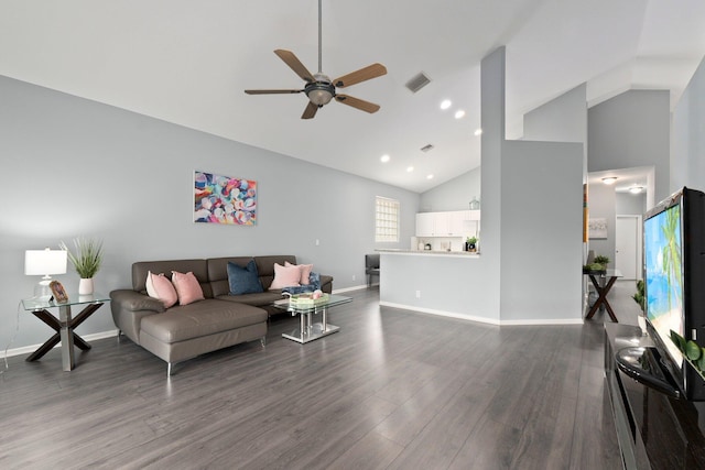 3288 SW Majestic Ct, Palm City, FL 34990 - living area featuring a ceiling fan, high vaulted ceiling, dark wood-style floors, baseboards, and recessed lighting