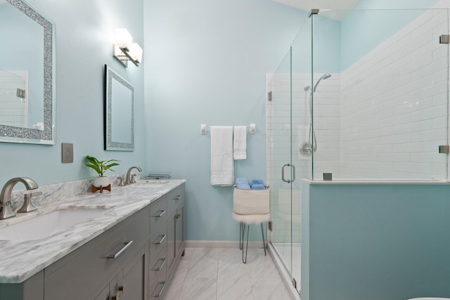 3288 SW Majestic Ct, Palm City, FL 34990 - full bath featuring a stall shower, double vanity, baseboards, and marble finish flooring