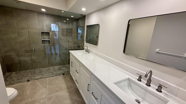 5800 Coach House Cir Unit B, Boca Raton, FL 33486 - bathroom featuring double vanity, a stall shower, recessed lighting, and toilet