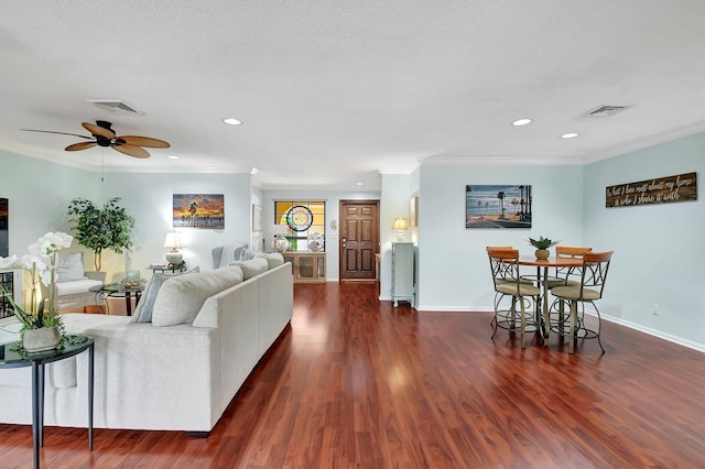 438 Pine Villa Dr, Atlantis, FL 33462 - living room featuring crown molding, a ceiling fan, dark wood finished floors, baseboards, and recessed lighting