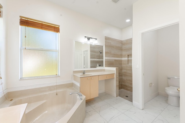 5761 Spanish River Rd, Fort Pierce, FL 34951 - full bath featuring a bath, vanity, marble look tile flooring, toilet, and a tile shower