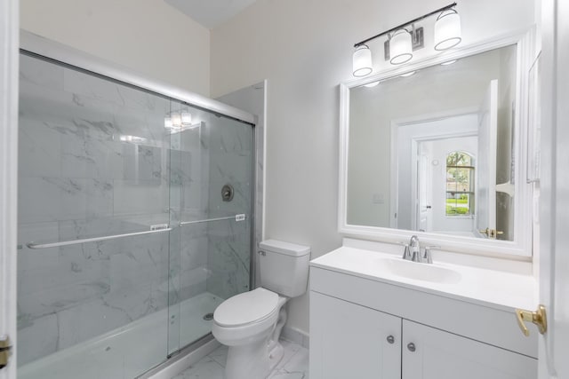 5761 Spanish River Rd, Fort Pierce, FL 34951 - bathroom featuring toilet, a marble finish shower, vanity, and marble look tile flooring