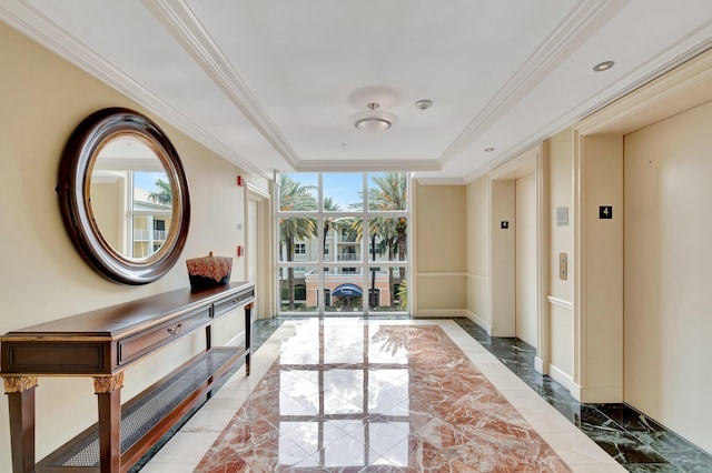 804 E Windward Way Unit 404, Lantana, FL 33462 - hall with elevator, light marble finish floors, baseboards, a wall of windows, and crown molding
