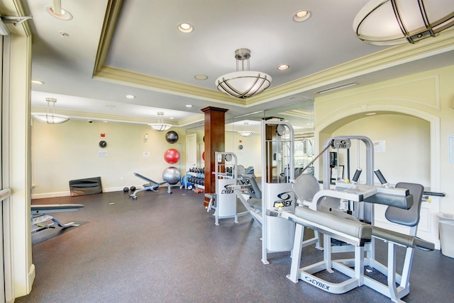 804 E Windward Way Unit 404, Lantana, FL 33462 - gym with crown molding, a tray ceiling, recessed lighting, and baseboards