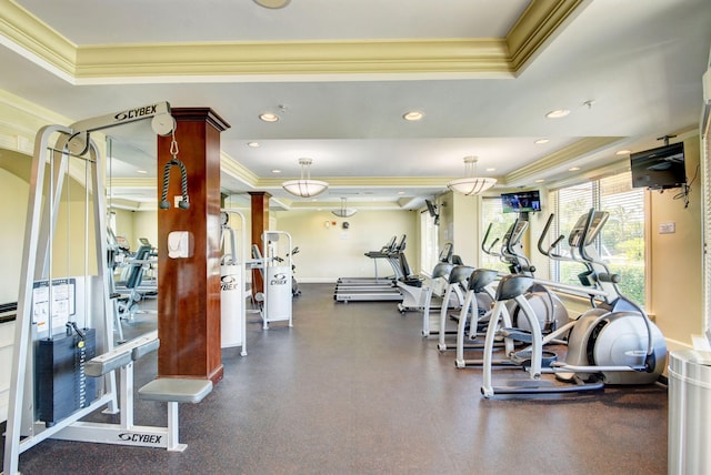 804 E Windward Way Unit 404, Lantana, FL 33462 - gym featuring a raised ceiling, crown molding, baseboards, and recessed lighting