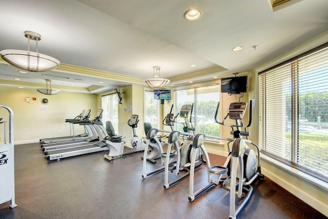 804 E Windward Way Unit 404, Lantana, FL 33462 - exercise room featuring a raised ceiling, baseboards, and recessed lighting