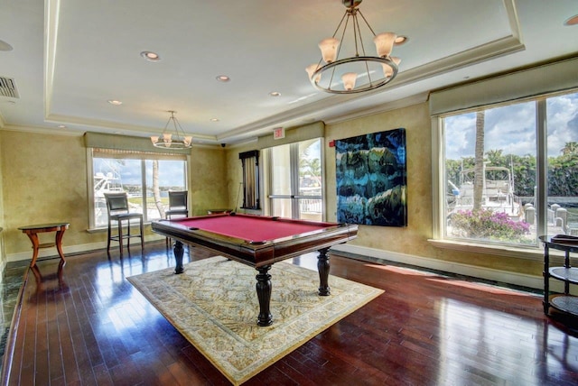 804 E Windward Way Unit 404, Lantana, FL 33462 - rec room with a raised ceiling, a chandelier, crown molding, wood-type flooring, and billiards table