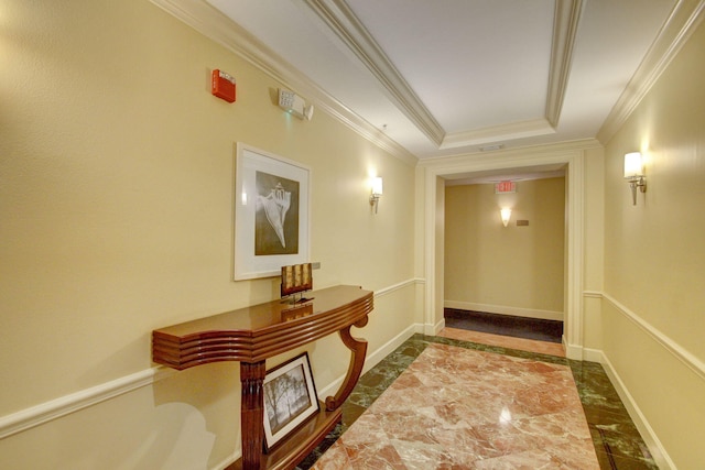 804 E Windward Way Unit 404, Lantana, FL 33462 - corridor featuring crown molding, a raised ceiling, and baseboards